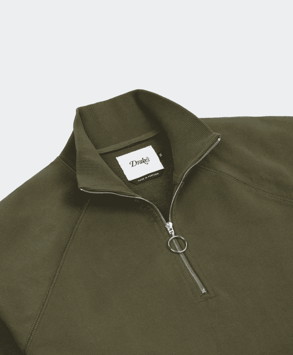 Khaki Green Cotton Quarter Zip Sweatshirt