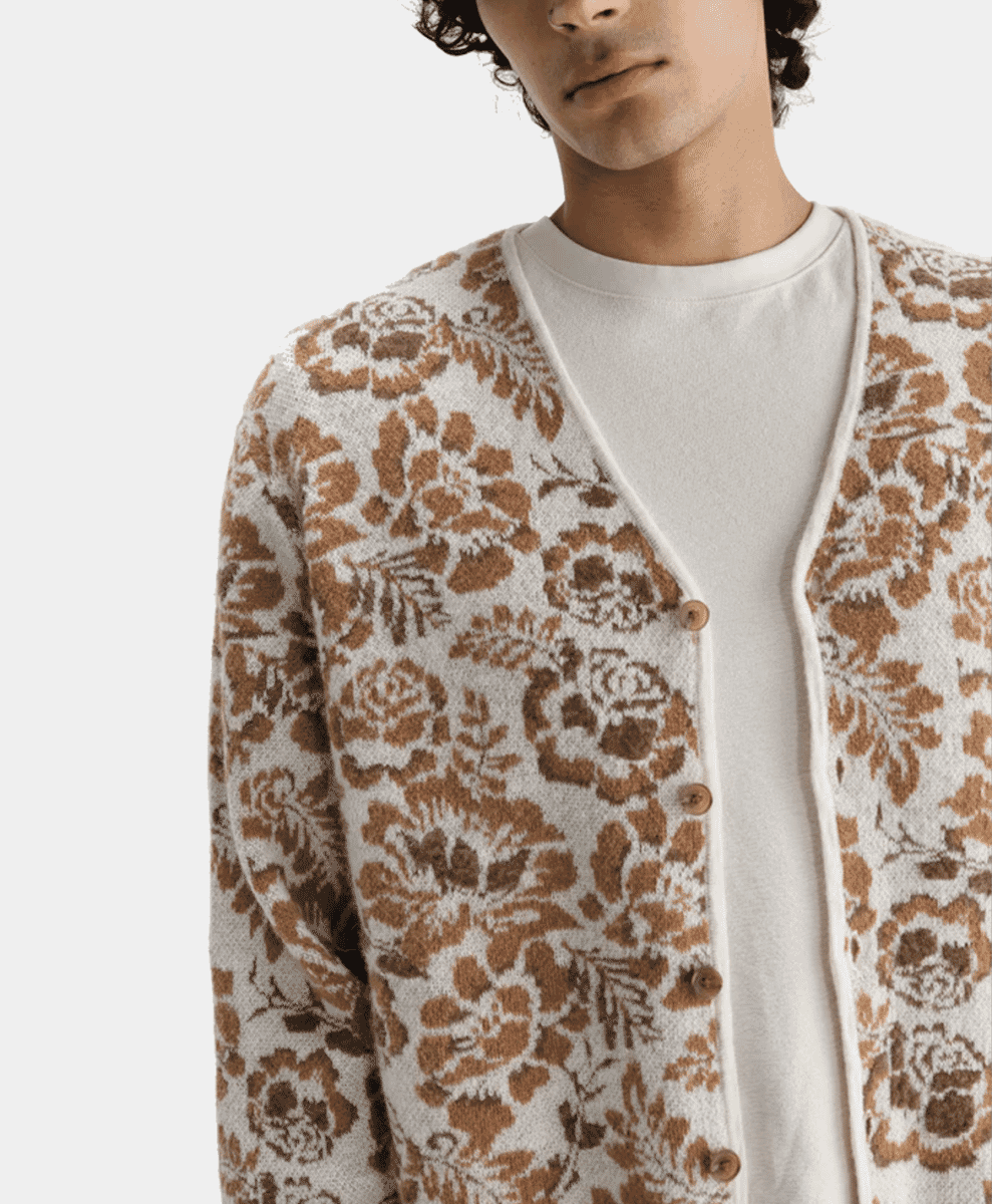 Alban - Natural And Brown Floral Textured Jacquard Cardigan Wax London