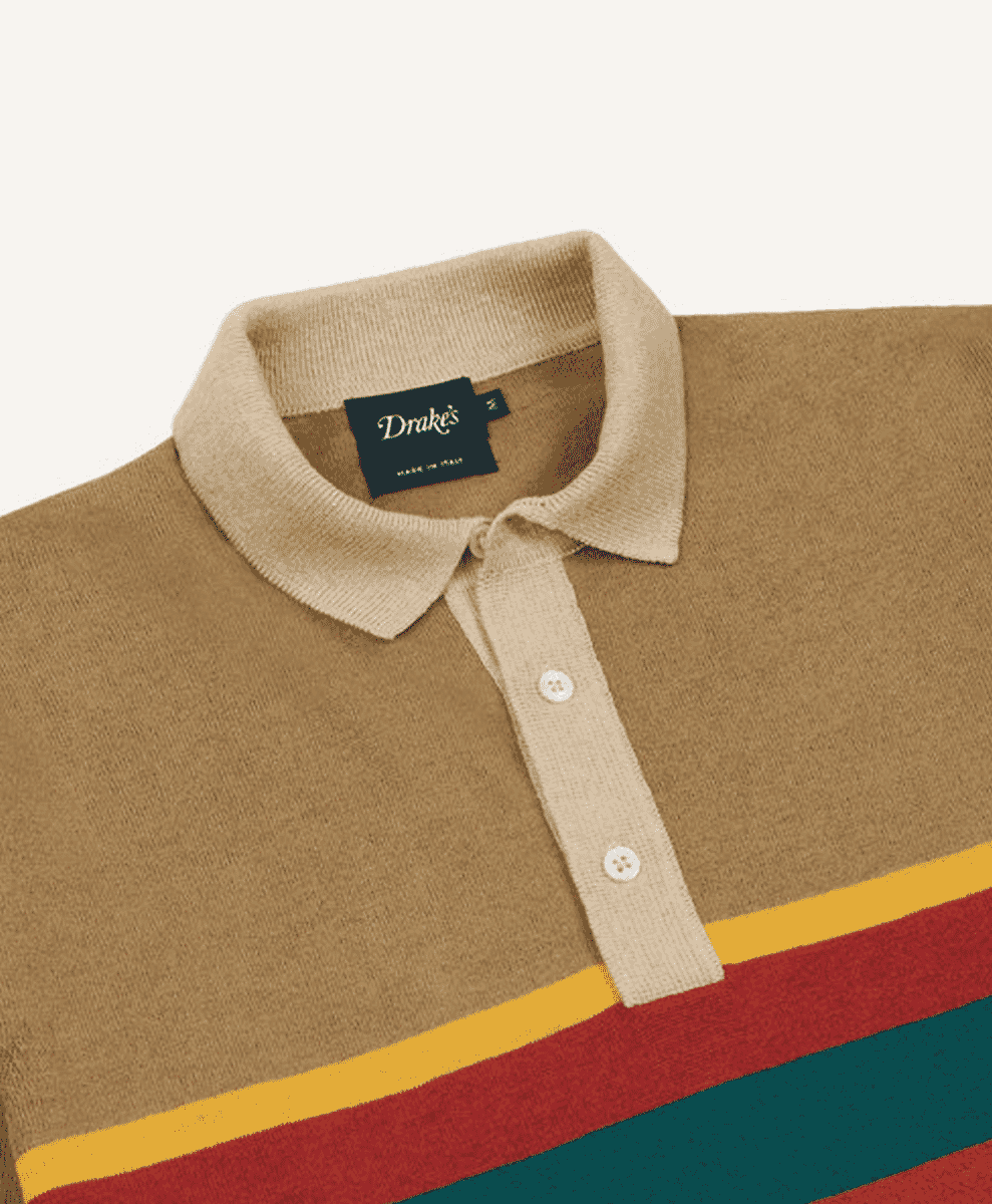 Drake's Brown Multi Centre Stripe Linen Cotton Knitted Rugby Shirt