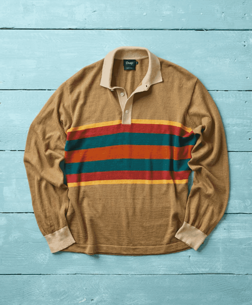 Drake's Brown Multi Centre Stripe Linen Cotton Knitted Rugby Shirt